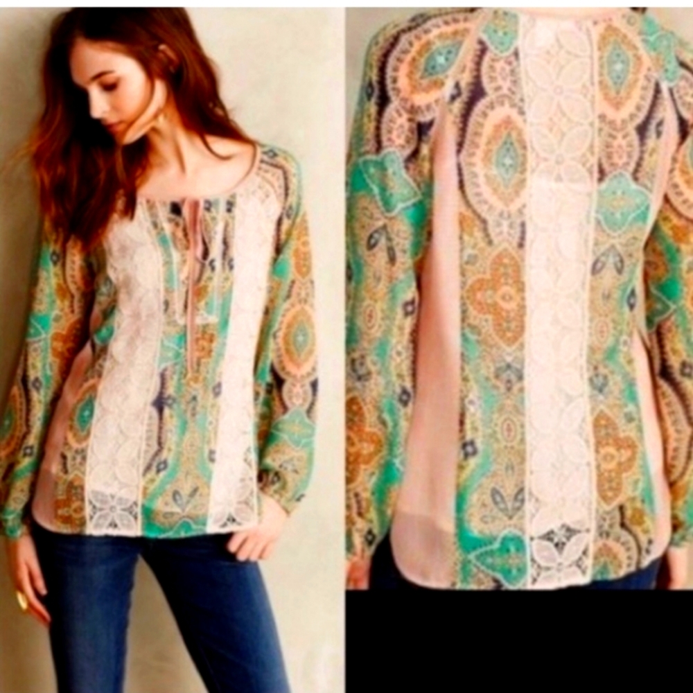 Meadow Rue Anthropologie Crochet Lace Peasant Blouse Medium - Picture 3 of 13